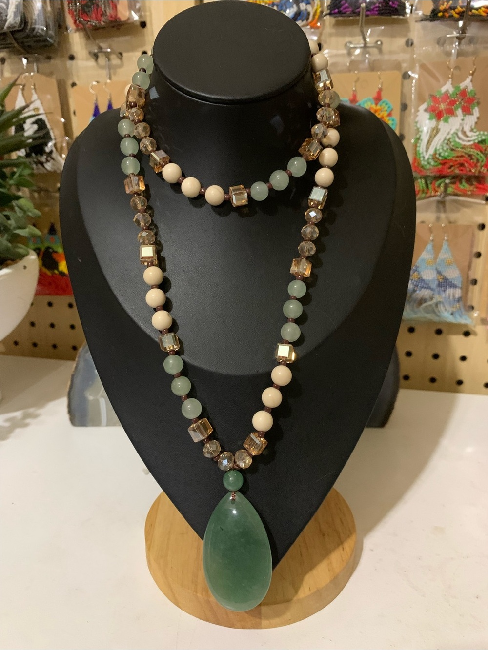Green Teardrop Bead Necklace with Gold Accents - Women Jewelry